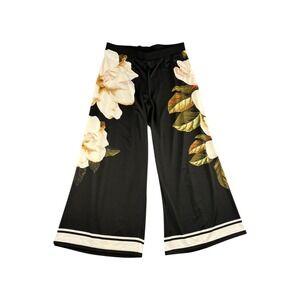 Artex Fashions Wide Leg Pants Black Floral Print Elastic Waist Lounge Casual L G